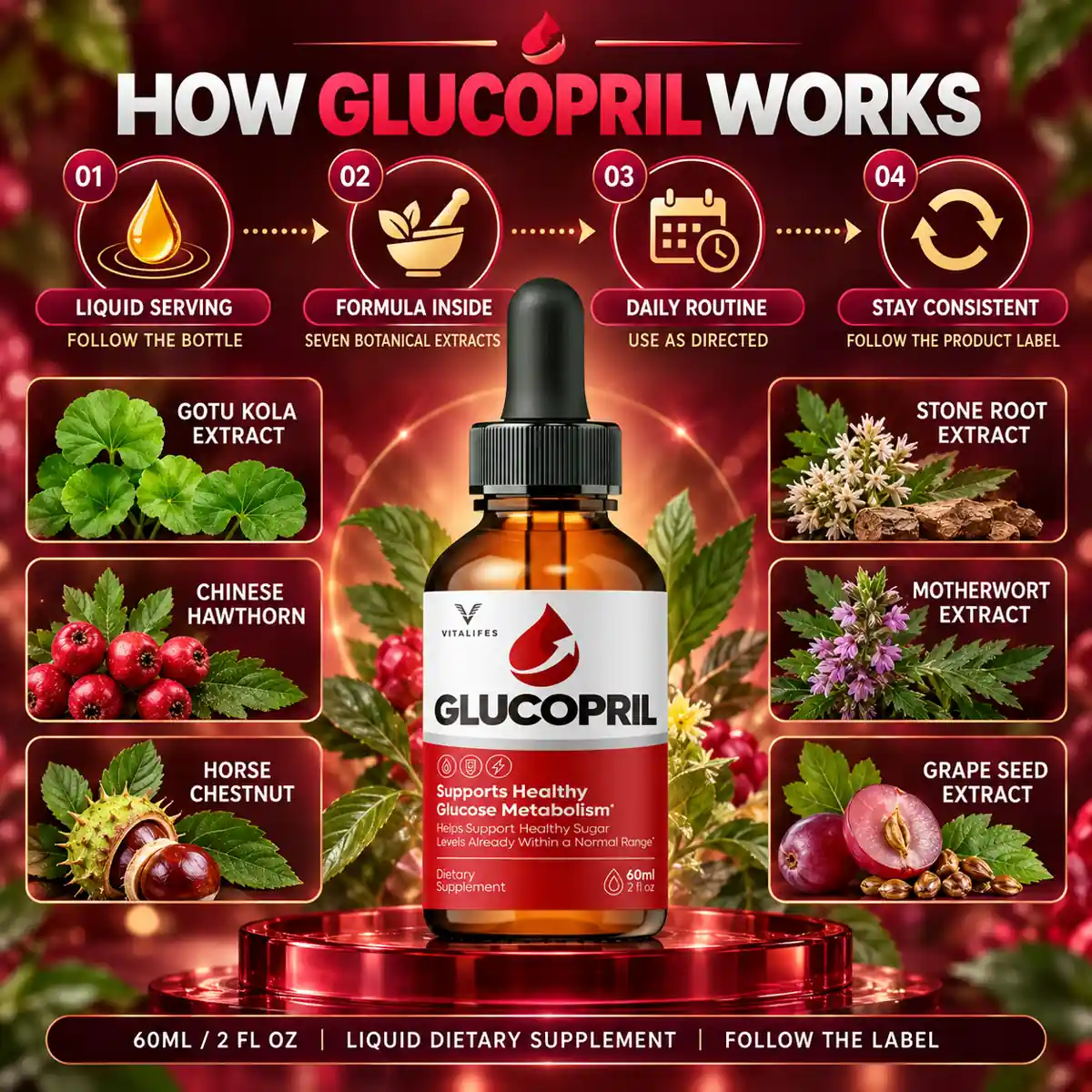The seller&rsquo;s HOW GLUCOPRIL WORKS graphic: four numbered steps and the seven named extracts around the bottle