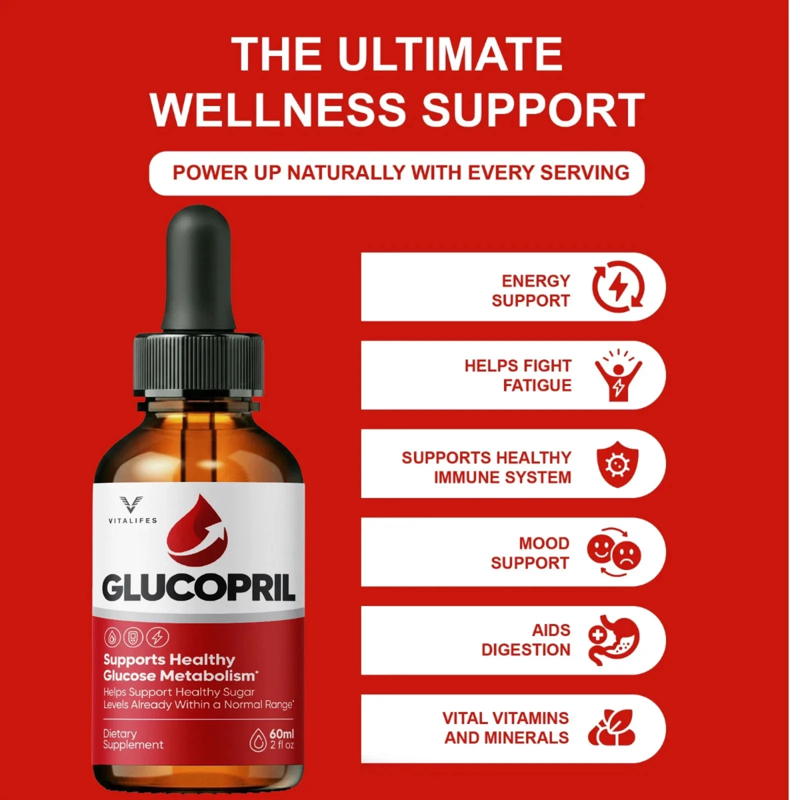 The seller&rsquo;s red wellness support panel for GlucoPril, listing six claims beside the bottle